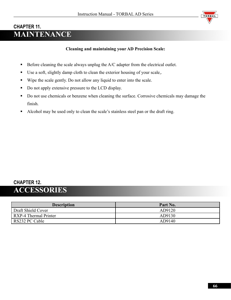 Maintenance, Accessories | Torbal AD50 Series Manual User Manual | Page 66 / 67