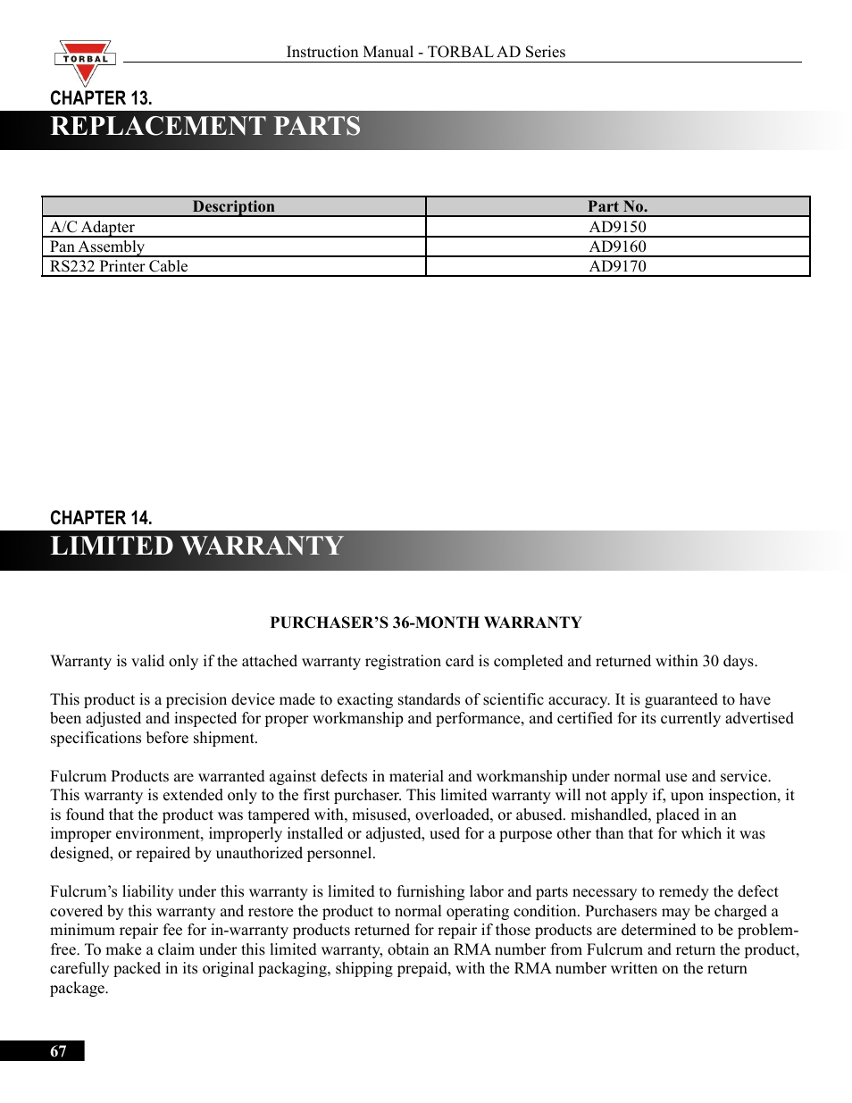 Replacement parts, Limited warranty | Torbal AD50 Series Manual User Manual | Page 67 / 67