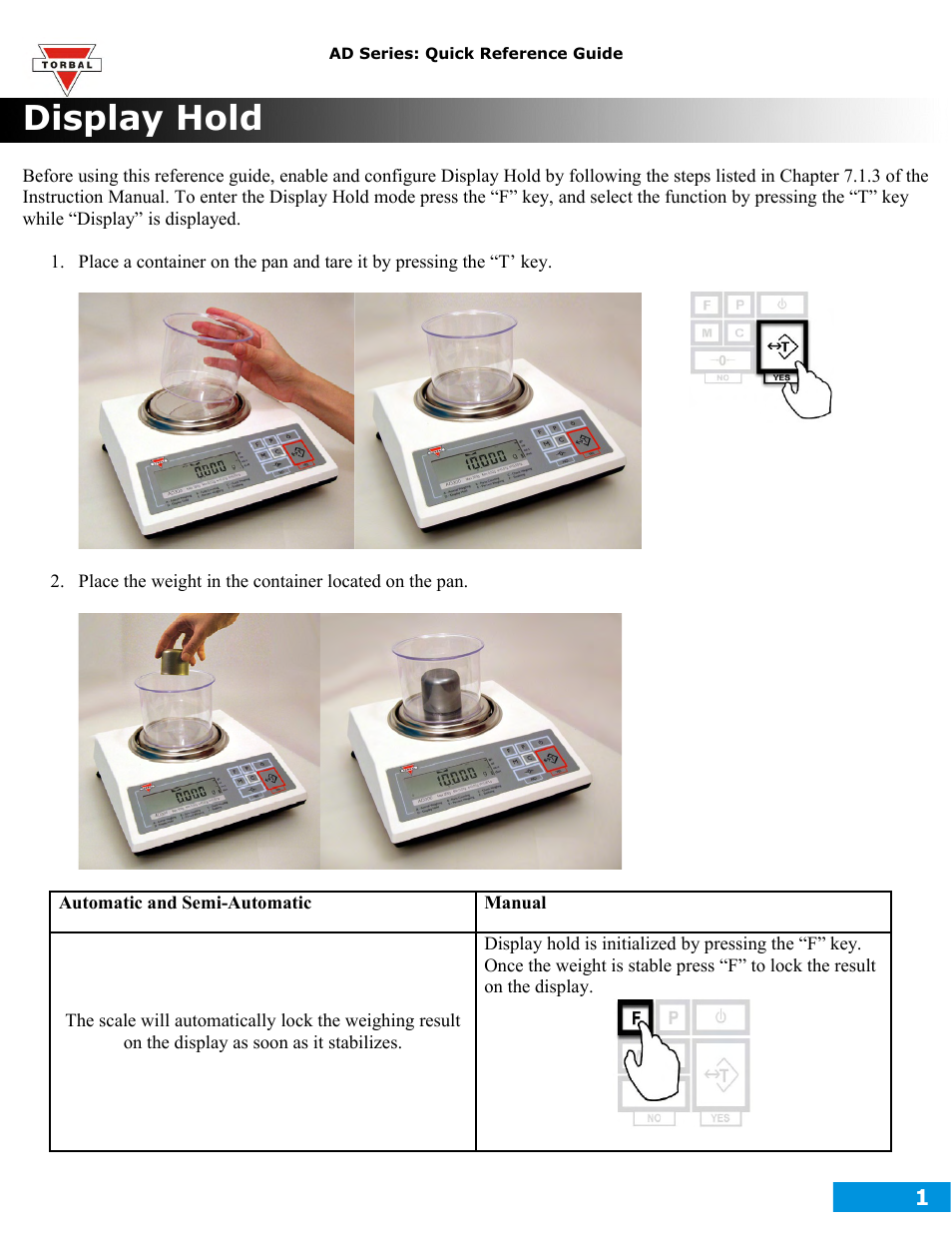 Display hold | Torbal AD50 Quick Reference Guides User Manual | Page 11 / 12