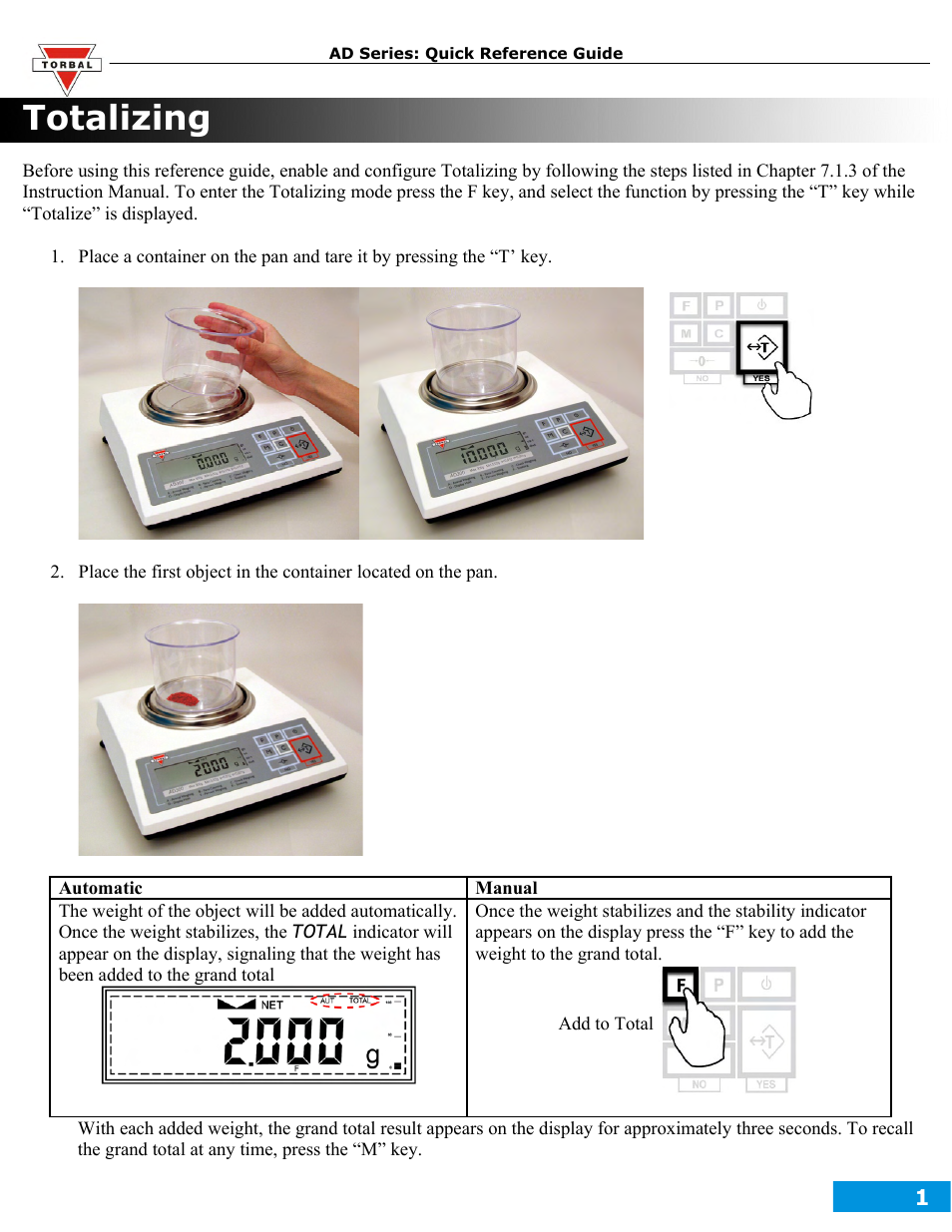 Totalizing | Torbal AD50 Quick Reference Guides User Manual | Page 3 / 12