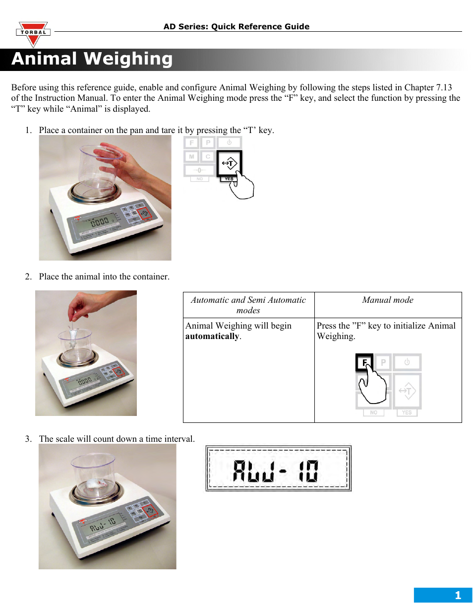 Animal weighing | Torbal AD50 Quick Reference Guides User Manual | Page 5 / 12