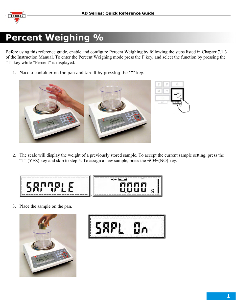 Percent weighing | Torbal AD50 Quick Reference Guides User Manual | Page 7 / 12