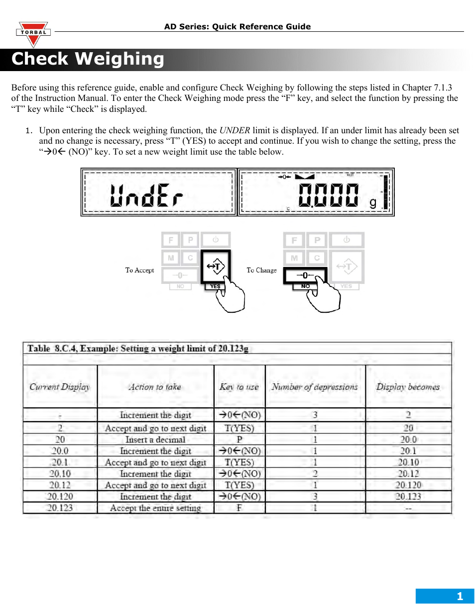 Check weighing | Torbal AD50 Quick Reference Guides User Manual | Page 9 / 12