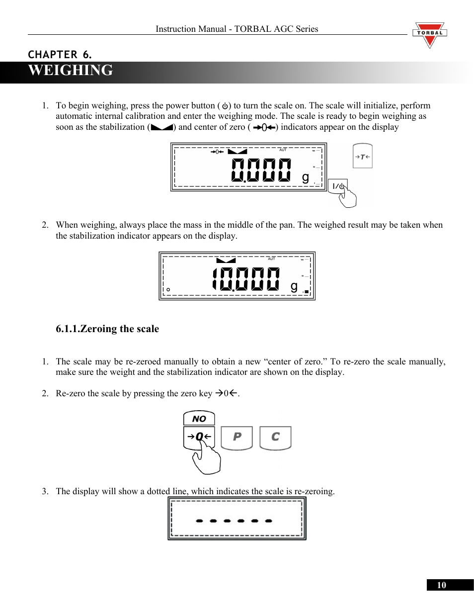 Weighing, Zeroing the scale | Torbal AGC Series Manual User Manual | Page 10 / 75