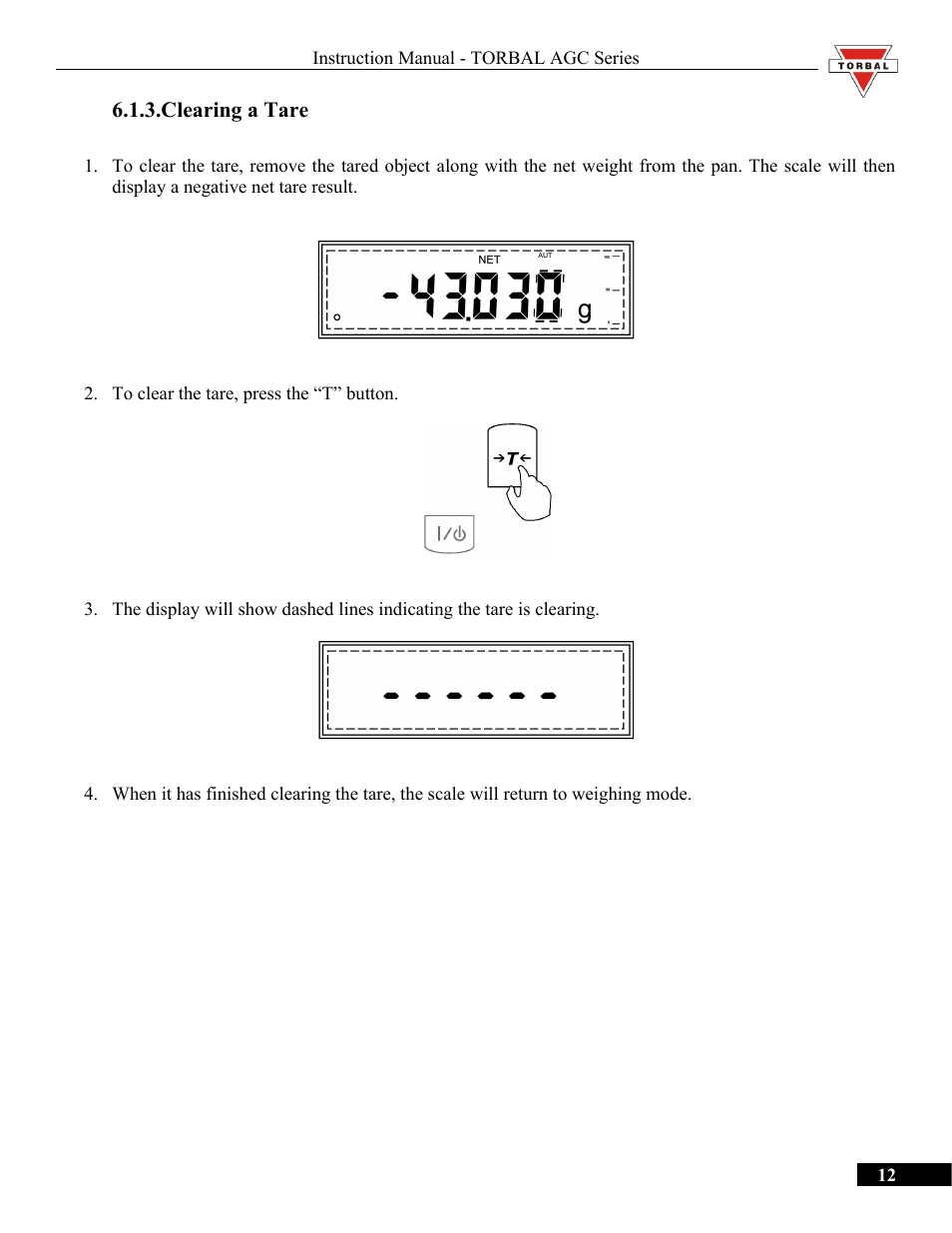 Clearing a tare | Torbal AGC Series Manual User Manual | Page 12 / 75