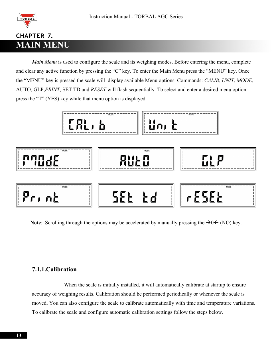 Main menu, Calibration | Torbal AGC Series Manual User Manual | Page 13 / 75