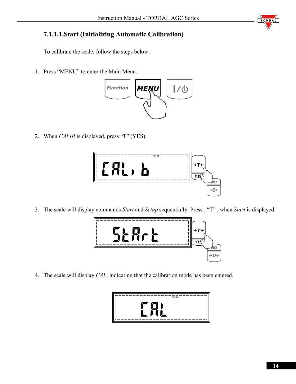 Start (initializing automatic calibration) | Torbal AGC Series Manual User Manual | Page 14 / 75