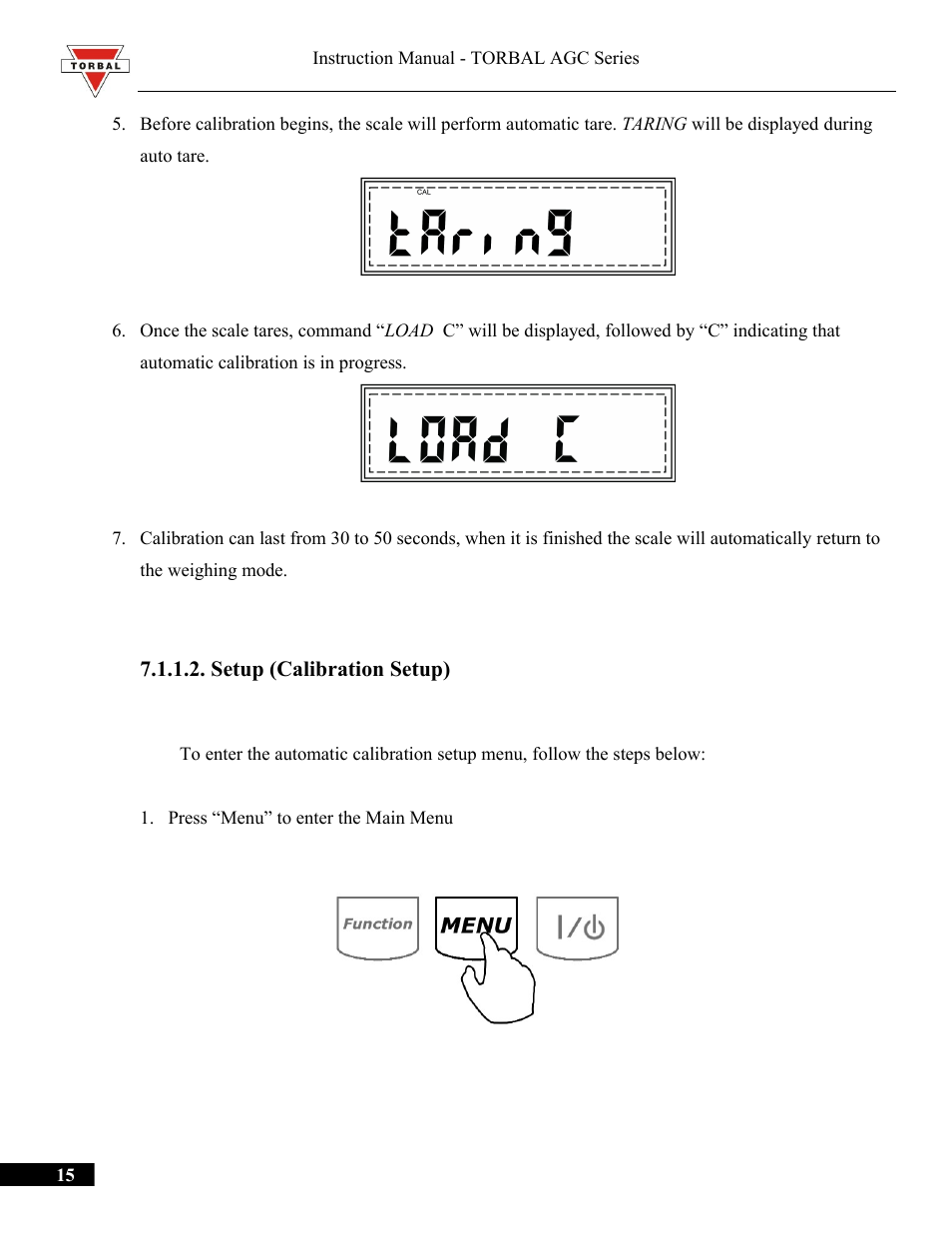 Setup (calibration setup) | Torbal AGC Series Manual User Manual | Page 15 / 75