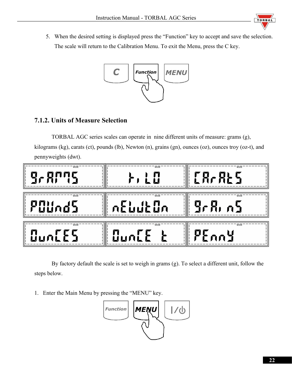 Units of measure selection | Torbal AGC Series Manual User Manual | Page 22 / 75