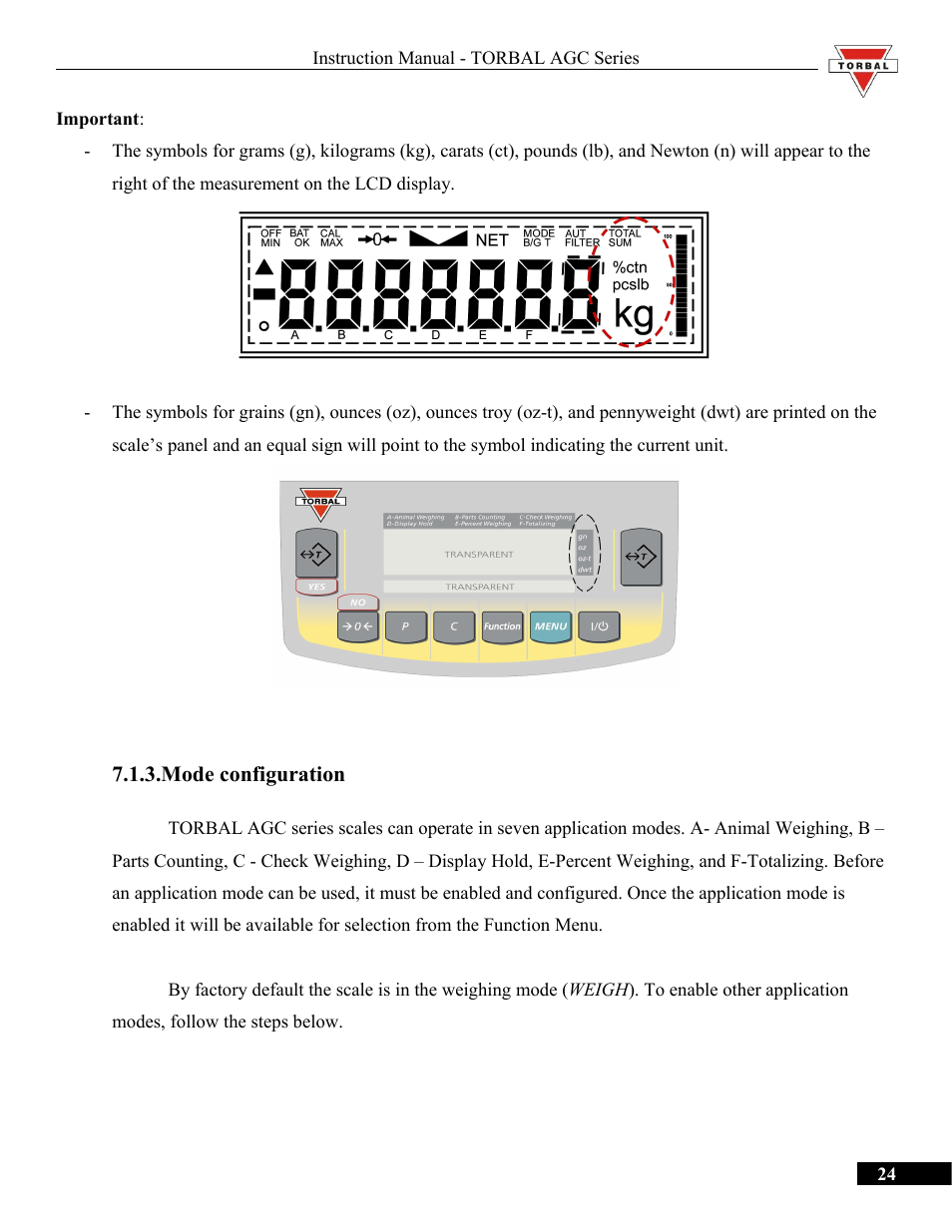 Mode configuration | Torbal AGC Series Manual User Manual | Page 24 / 75