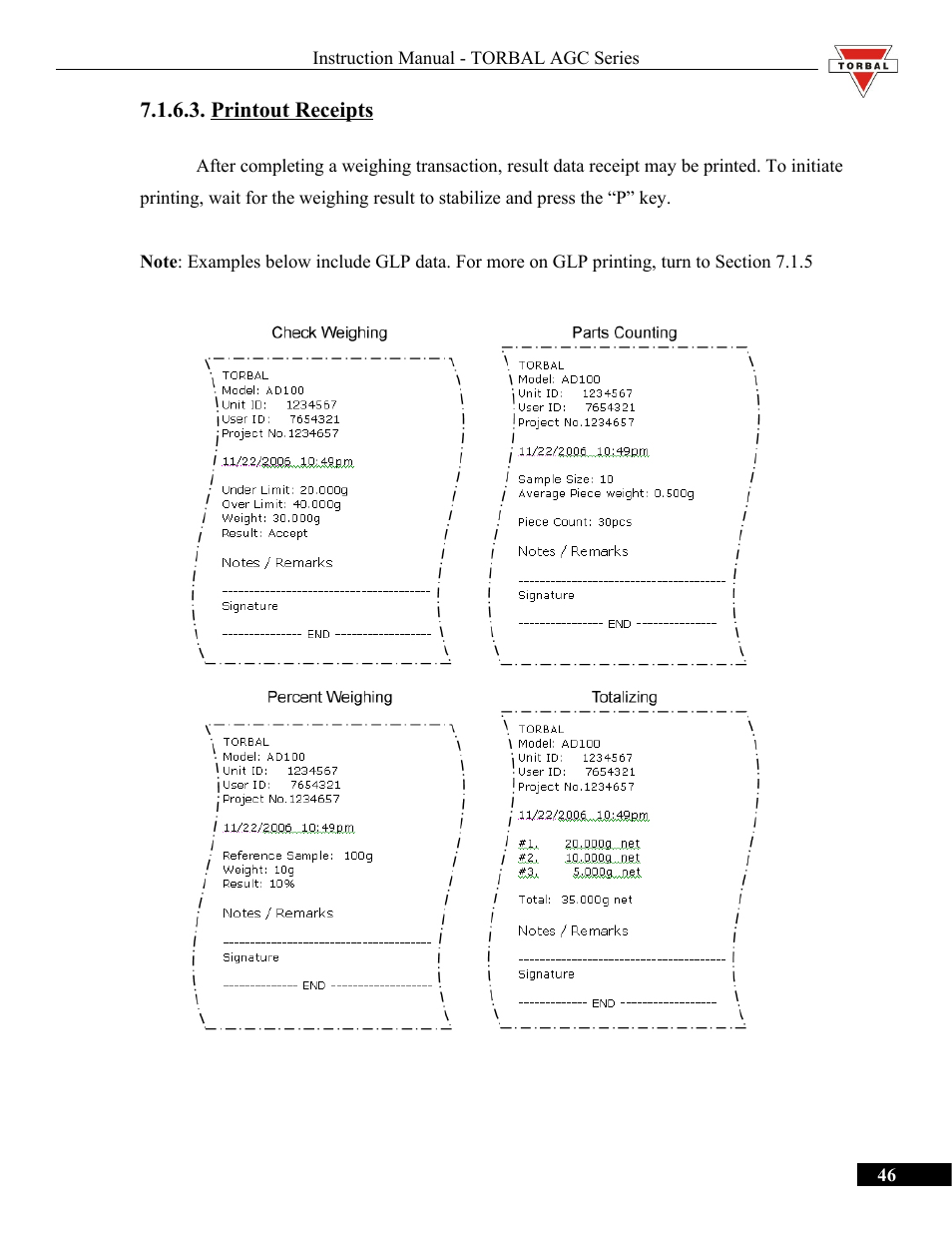 Printout receipts | Torbal AGC Series Manual User Manual | Page 46 / 75