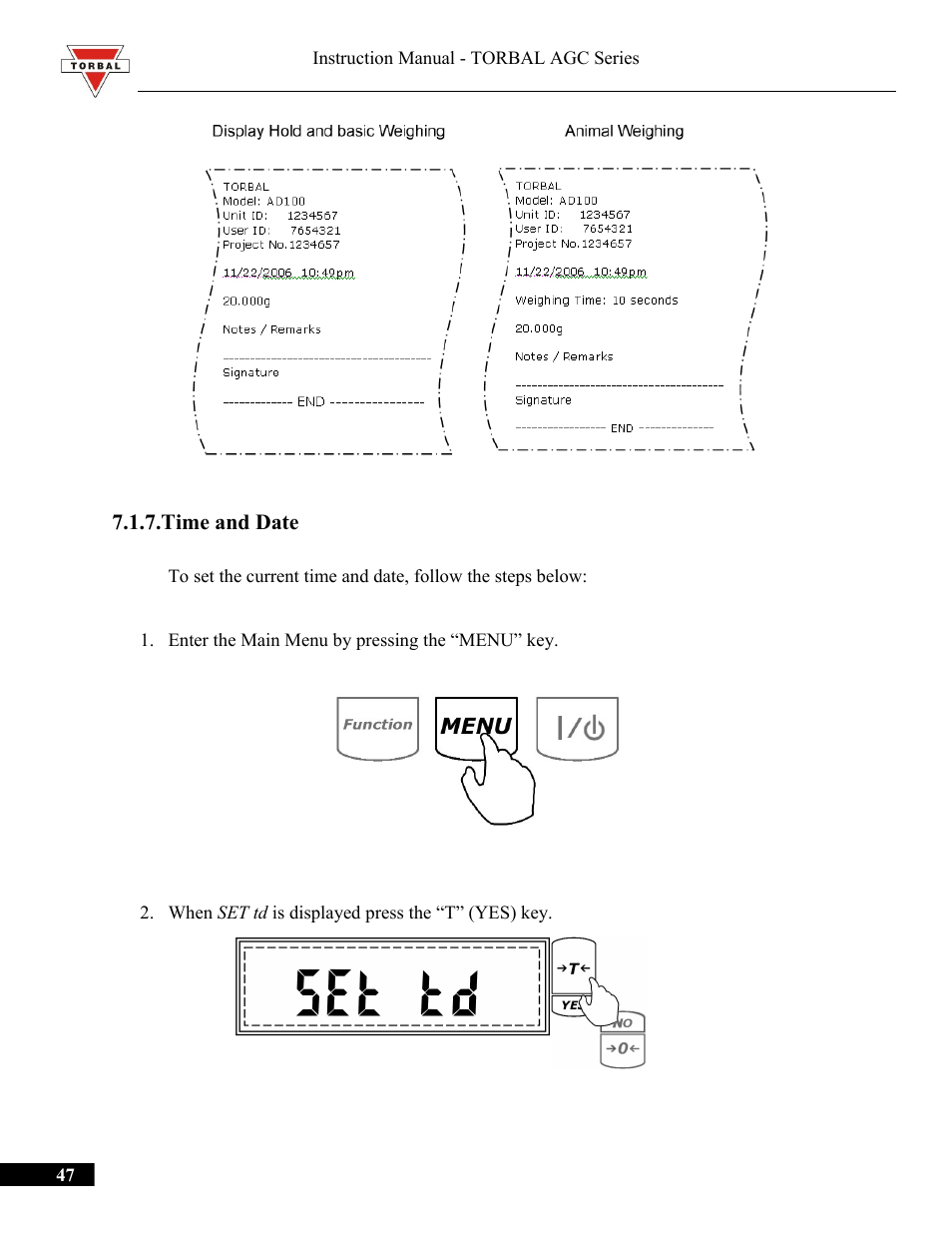 Time and date | Torbal AGC Series Manual User Manual | Page 47 / 75
