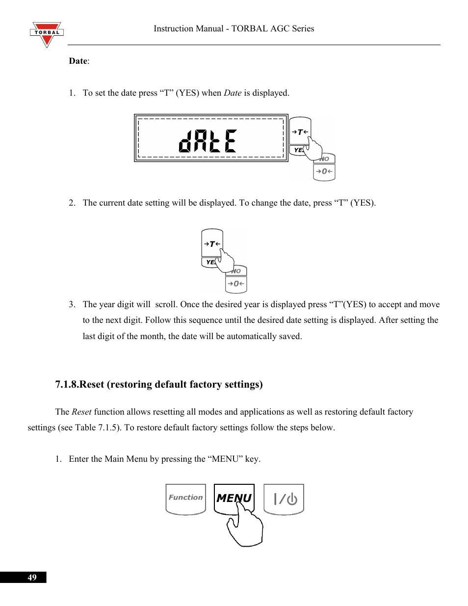 Reset (restoring default factory settings) | Torbal AGC Series Manual User Manual | Page 49 / 75