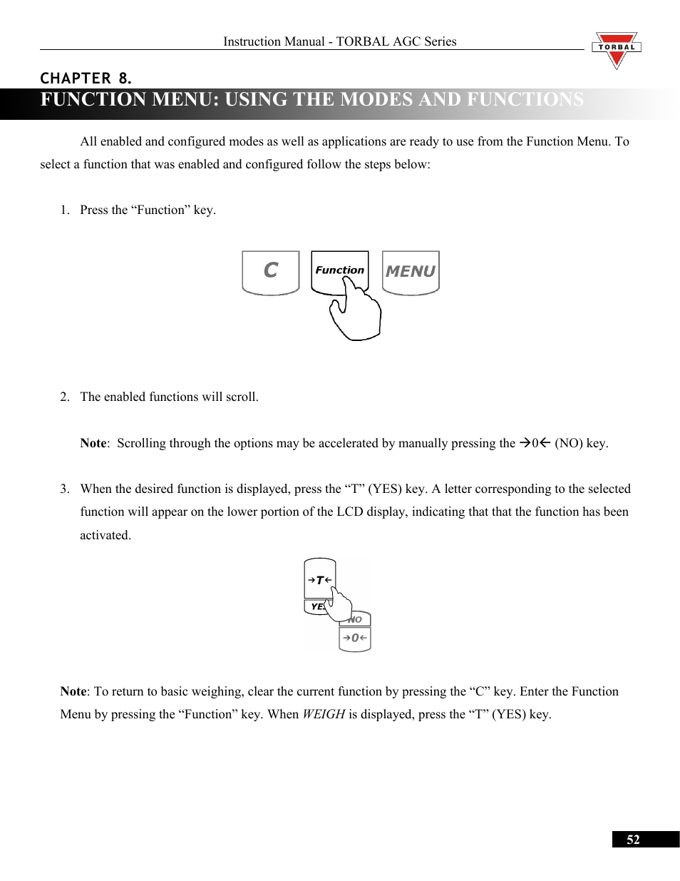 Function menu: using the modes and functions | Torbal AGC Series Manual User Manual | Page 52 / 75
