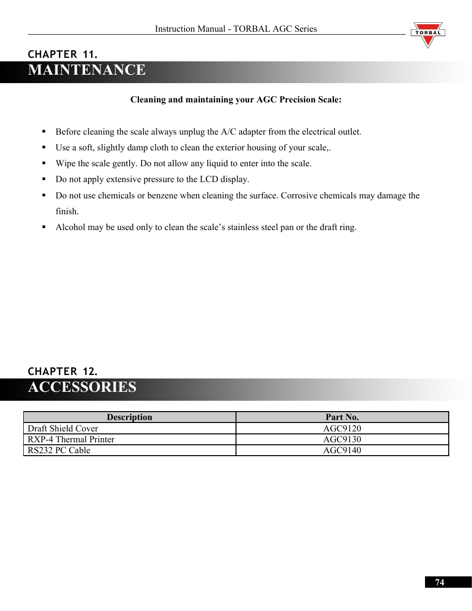 Maintenance, Accessories | Torbal AGC Series Manual User Manual | Page 74 / 75