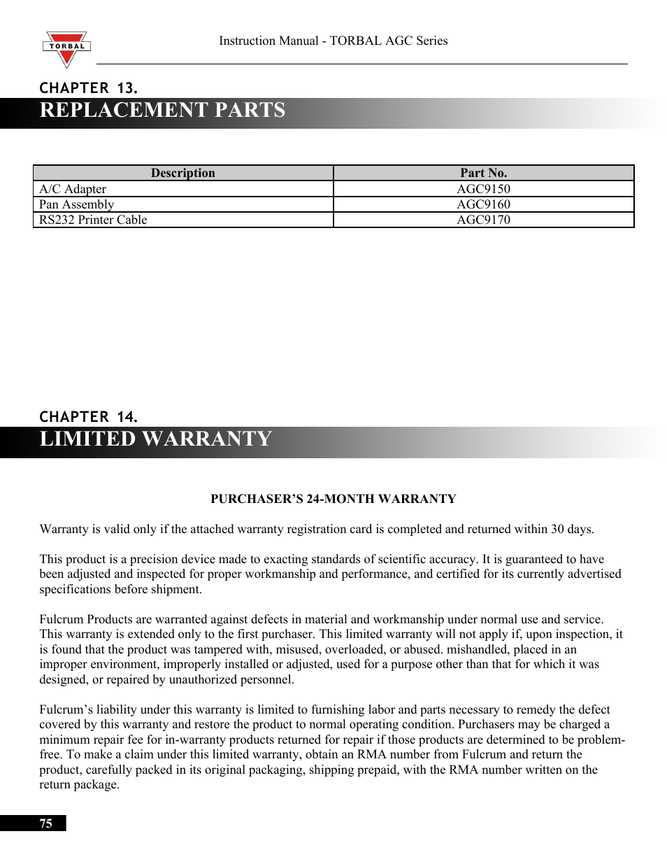 Replacement parts, Limited warranty | Torbal AGC Series Manual User Manual | Page 75 / 75