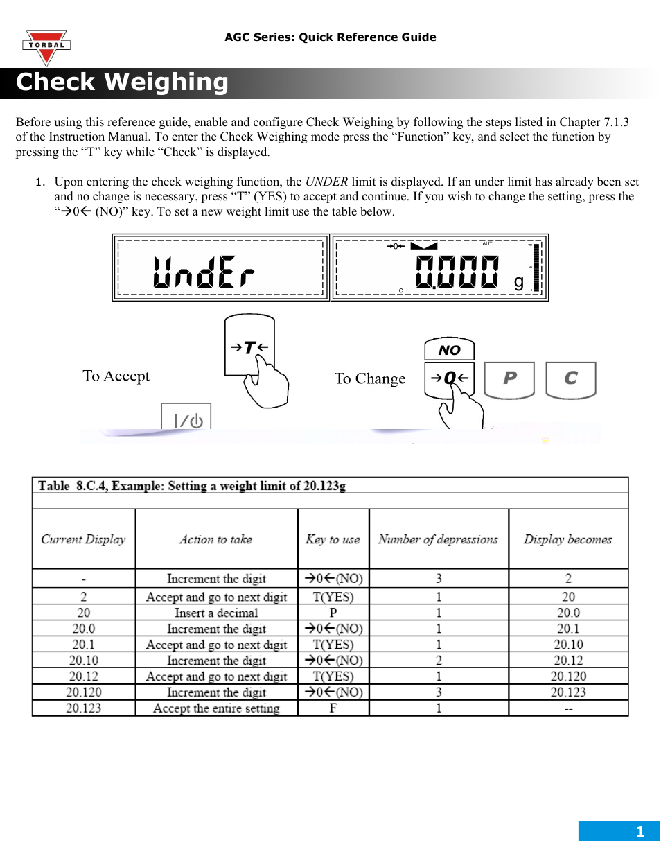 Check weighing.pdf, Check weighing | Torbal AGC Series Quick Reference Guides User Manual | Page 3 / 12