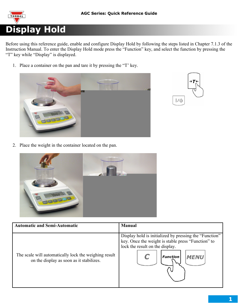 Display hold.pdf, Display hold | Torbal AGC Series Quick Reference Guides User Manual | Page 5 / 12