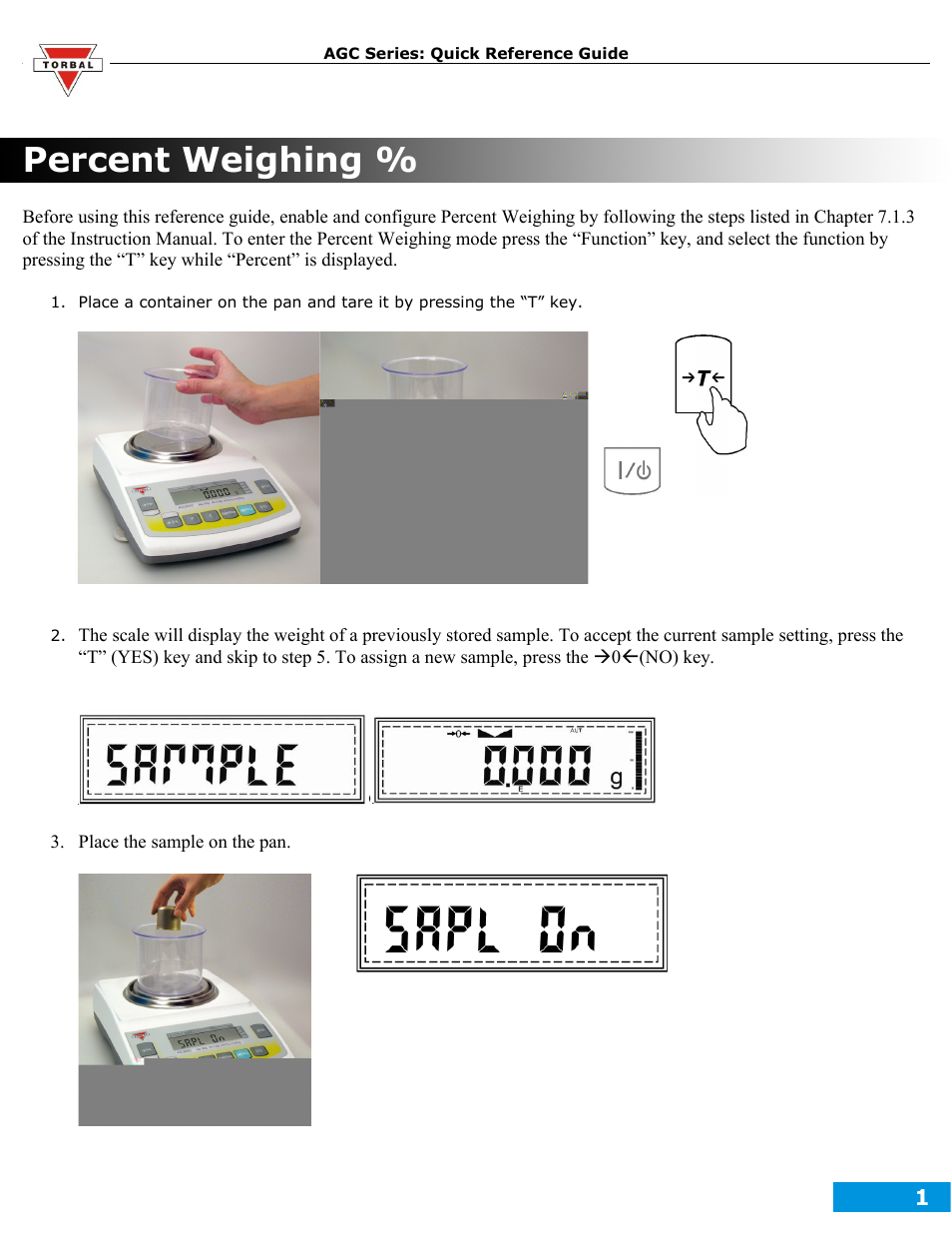 Percent weighing.pdf, Percent weighing | Torbal AGC Series Quick Reference Guides User Manual | Page 9 / 12