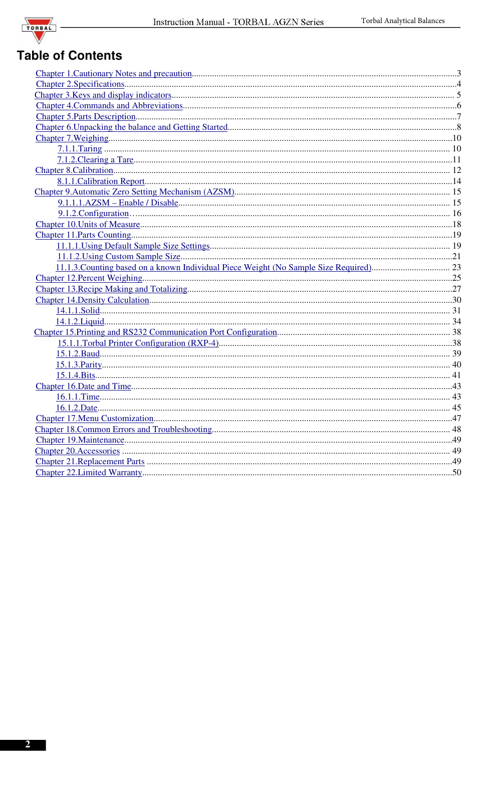 Torbal AGZN200 User Manual | 50 pages