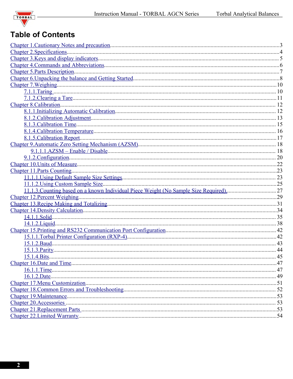 Torbal AGCN200 User Manual | 54 pages