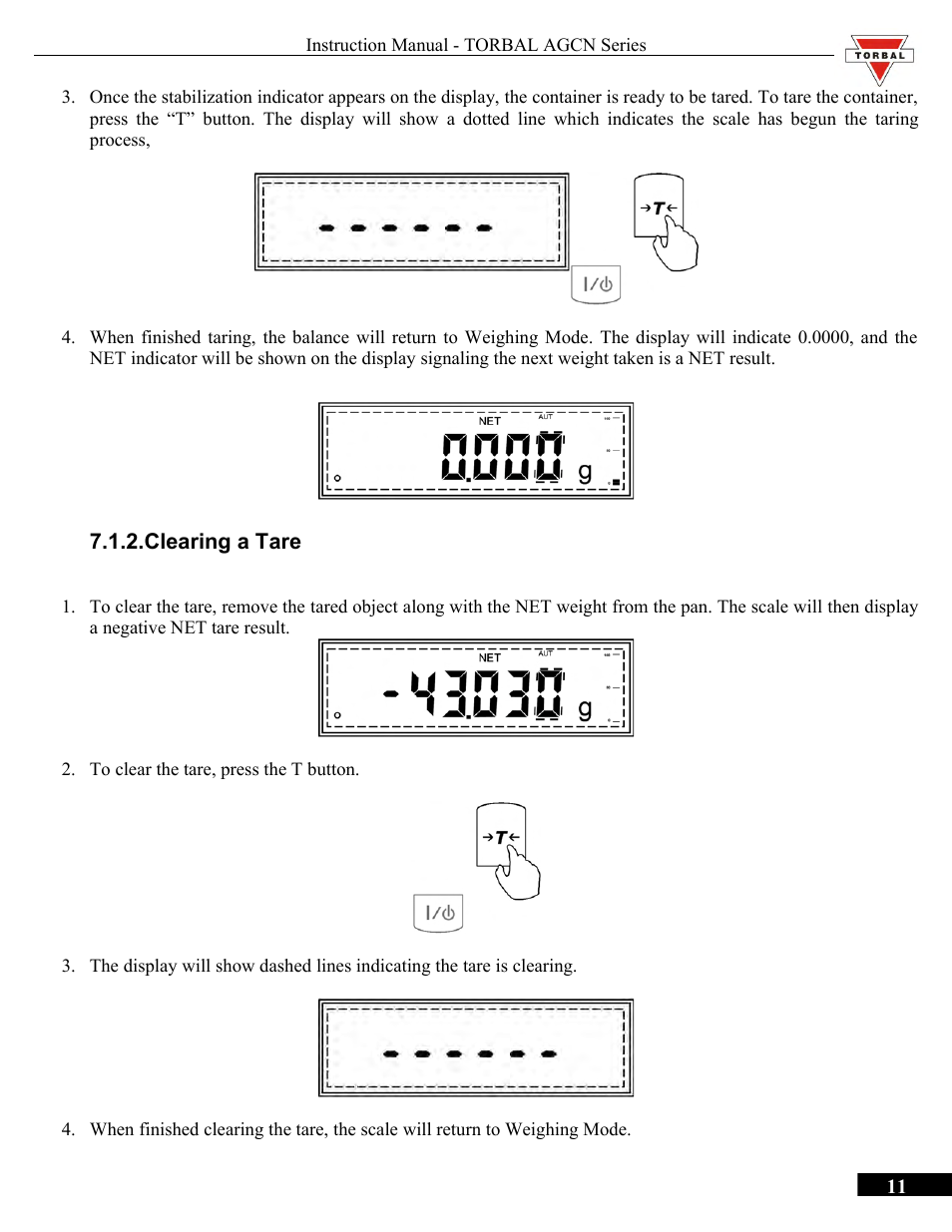 Clearing a tare | Torbal AGCN200 User Manual | Page 11 / 54