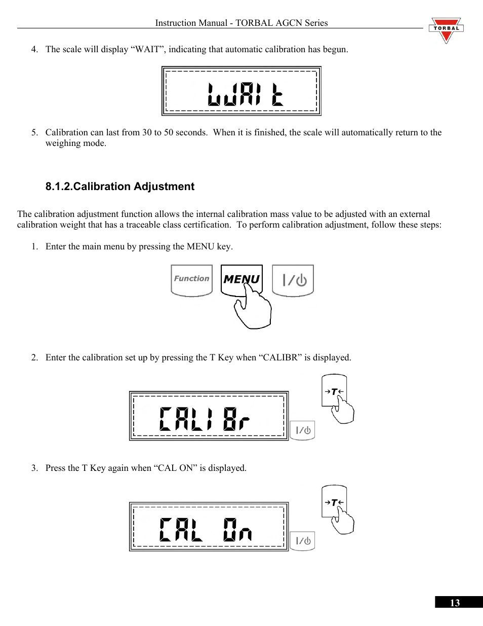 Calibration adjustment | Torbal AGCN200 User Manual | Page 13 / 54