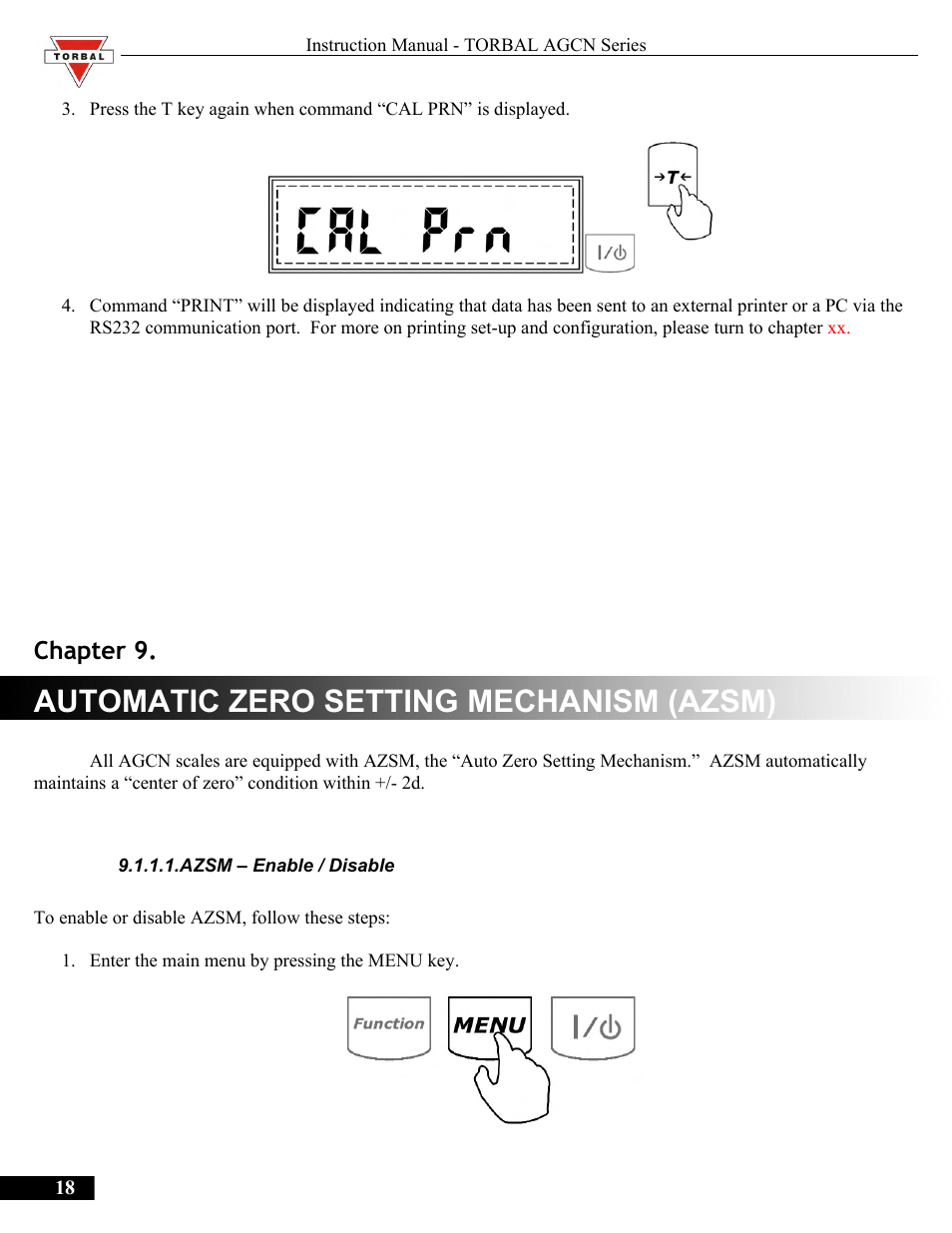 Automatic zero setting mechanism (azsm), Azsm – enable / disable, Chapter 9.automatic zero setting mechanism (azsm) | Chapter 9 | Torbal AGCN200 User Manual | Page 18 / 54