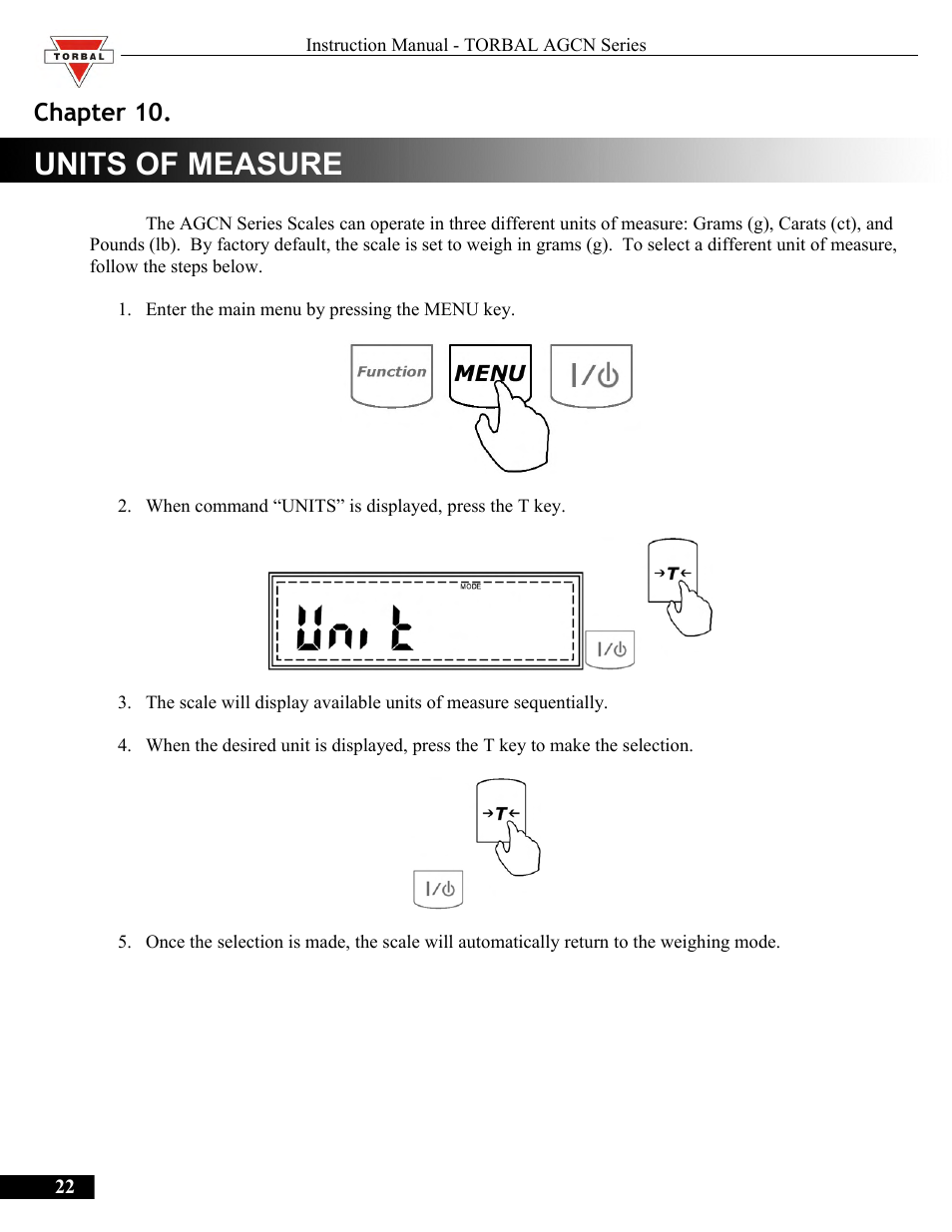 Units of measure, Chapter 10.units of measure, Chapter 10 | Torbal AGCN200 User Manual | Page 22 / 54