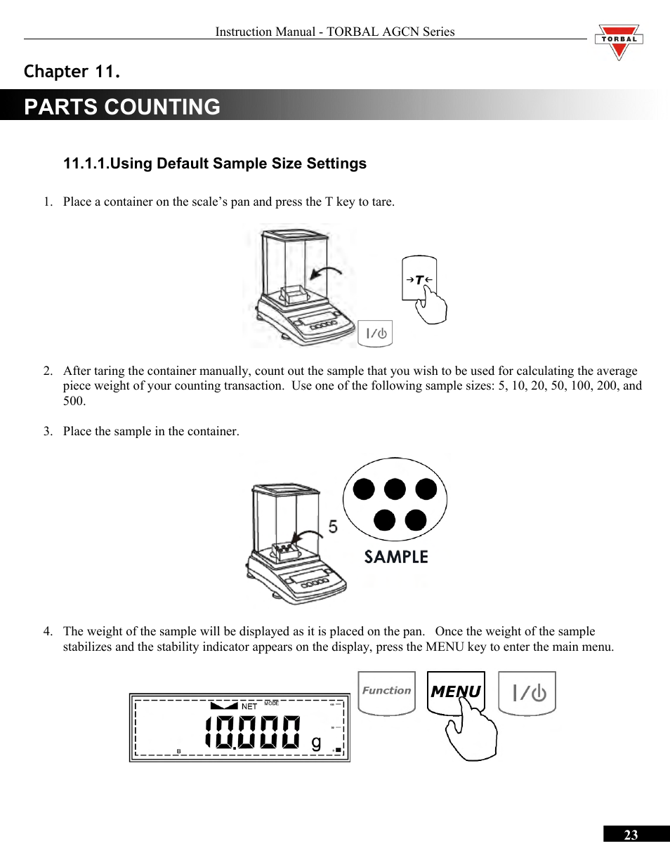 Parts counting, Using default sample size settings, Chapter 11.parts counting | Chapter 11 | Torbal AGCN200 User Manual | Page 23 / 54