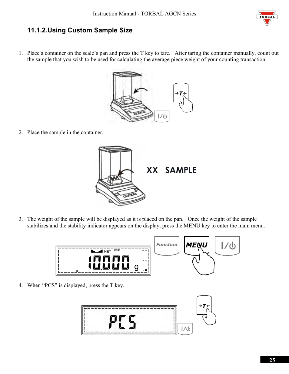 Using custom sample size | Torbal AGCN200 User Manual | Page 25 / 54