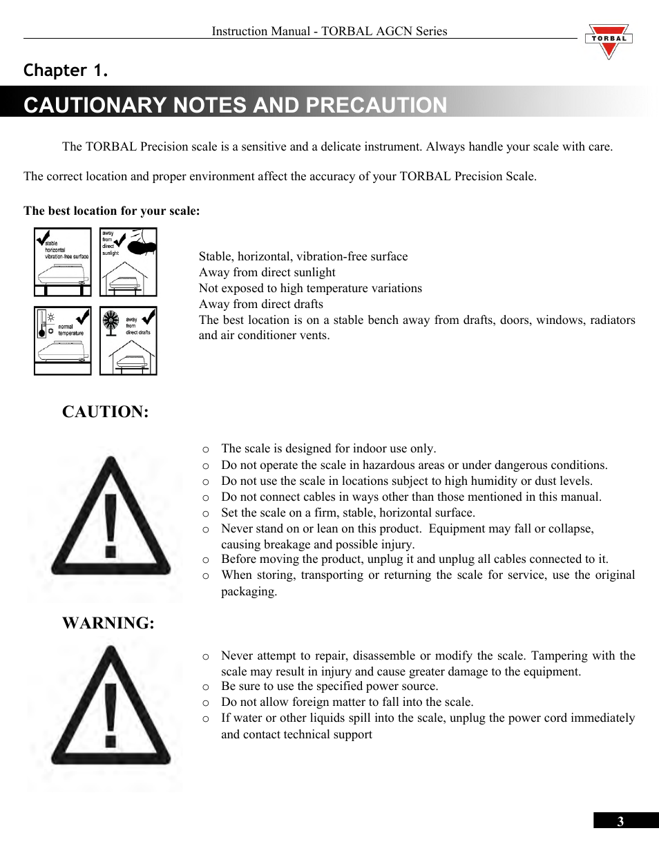 Cautionary notes and precaution, Chapter 1.cautionary notes and precaution, Chapter 1 | Caution, Warning | Torbal AGCN200 User Manual | Page 3 / 54