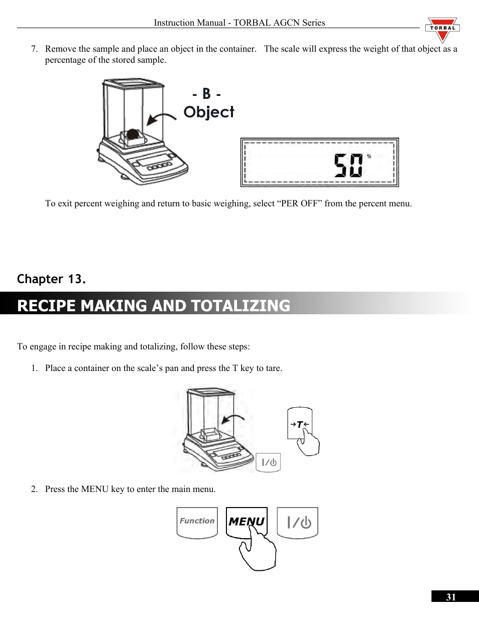 Recipe making and totalizing, Chapter 13.recipe making and totalizing, Chapter 13 | Torbal AGCN200 User Manual | Page 31 / 54