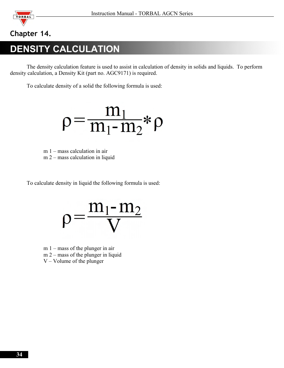 Density calculation, Chapter 14.density calculation, Chapter 14 | Torbal AGCN200 User Manual | Page 34 / 54