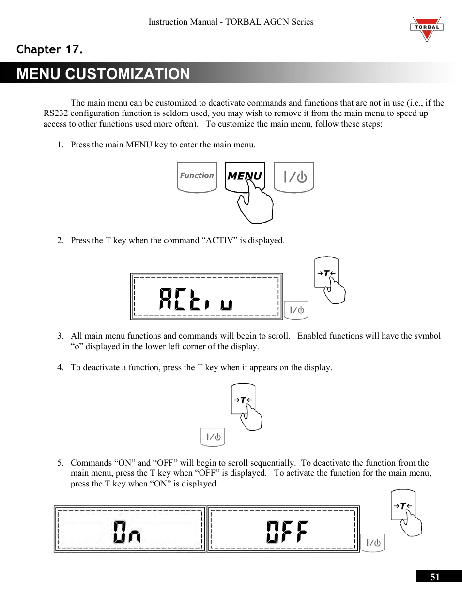 Menu customization, Chapter 17.menu customization, Chapter 17 | Torbal AGCN200 User Manual | Page 51 / 54