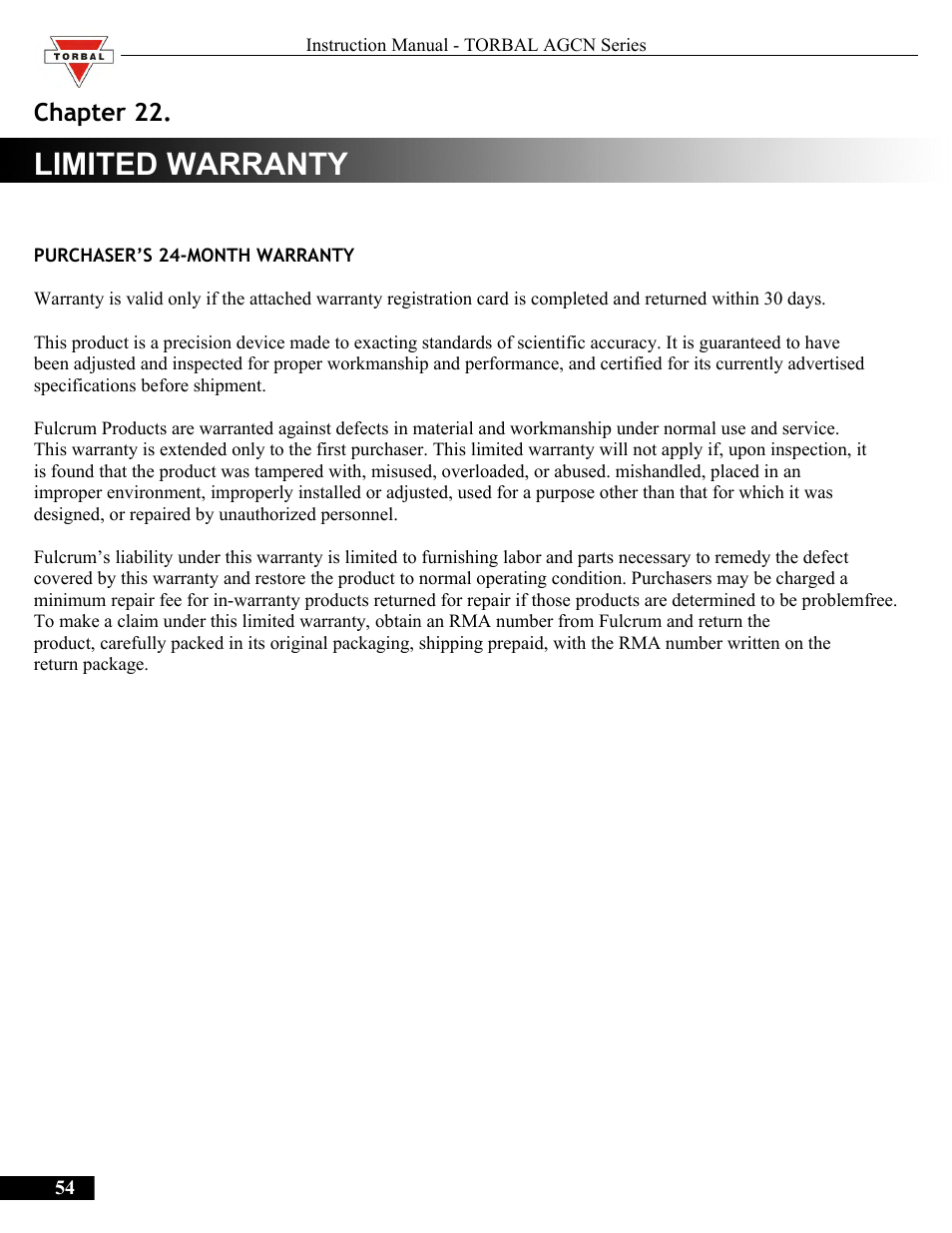 Limited warranty, Chapter 22.limited warranty, Chapter 22 | Torbal AGCN200 User Manual | Page 54 / 54