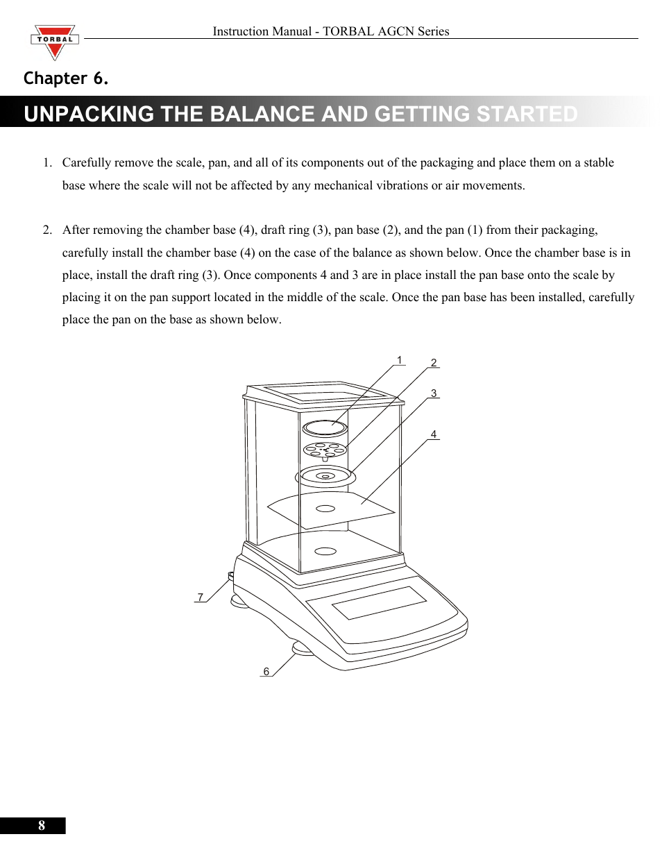 Unpacking the balance and getting started, Chapter 6 | Torbal AGCN200 User Manual | Page 8 / 54