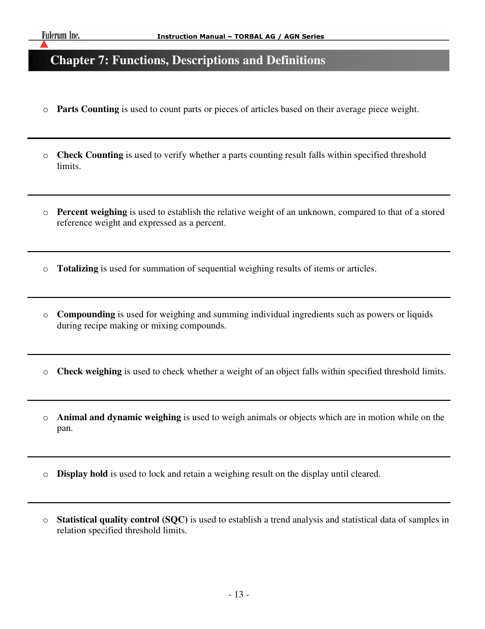 Functions, descriptions and definitions, Chapter 7: functions, descriptions and definitions | Torbal AGN100 User Manual | Page 14 / 73