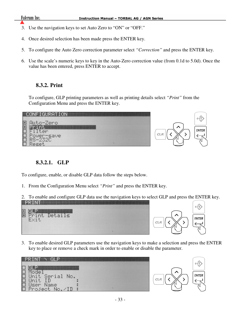 Auto-zero, Print, Glp……..…………………..…………………………………………………. 33 | Torbal AGN100 User Manual | Page 34 / 73