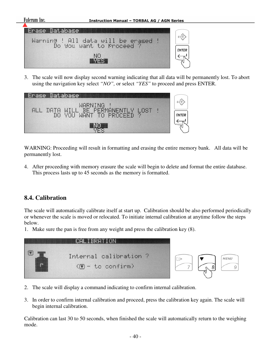 Erasing the database | Torbal AGN100 User Manual | Page 41 / 73