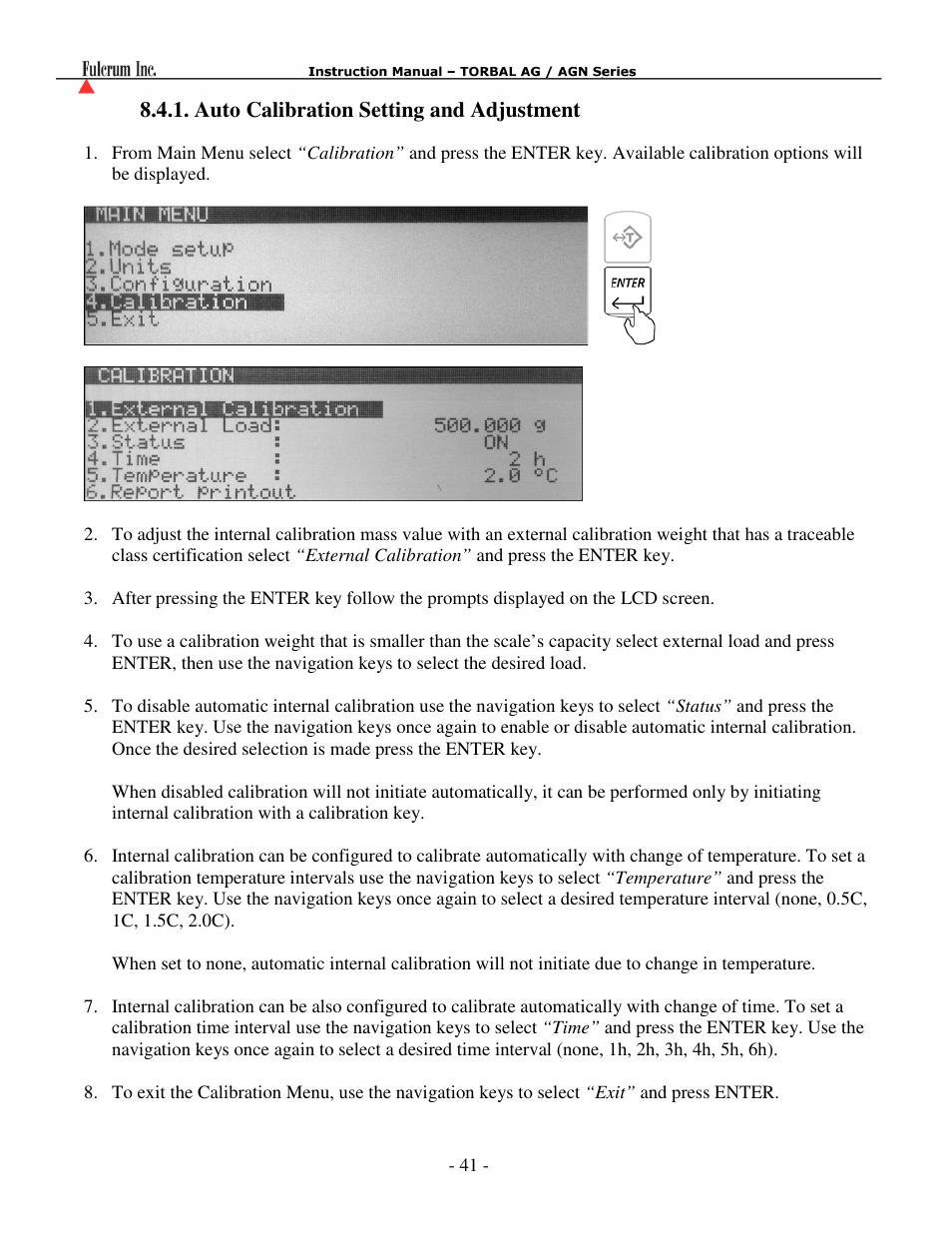 Calibration……………………………………………………………………….……… 40, Auto calibration setting and adjustment | Torbal AGN100 User Manual | Page 42 / 73