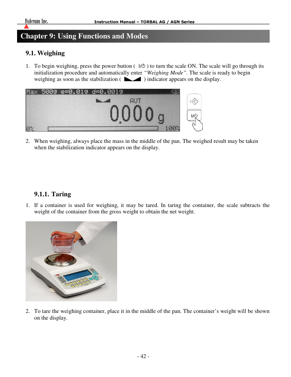Weighing, Taring, Chapter 9: using functions and modes | Torbal AGN100 User Manual | Page 43 / 73