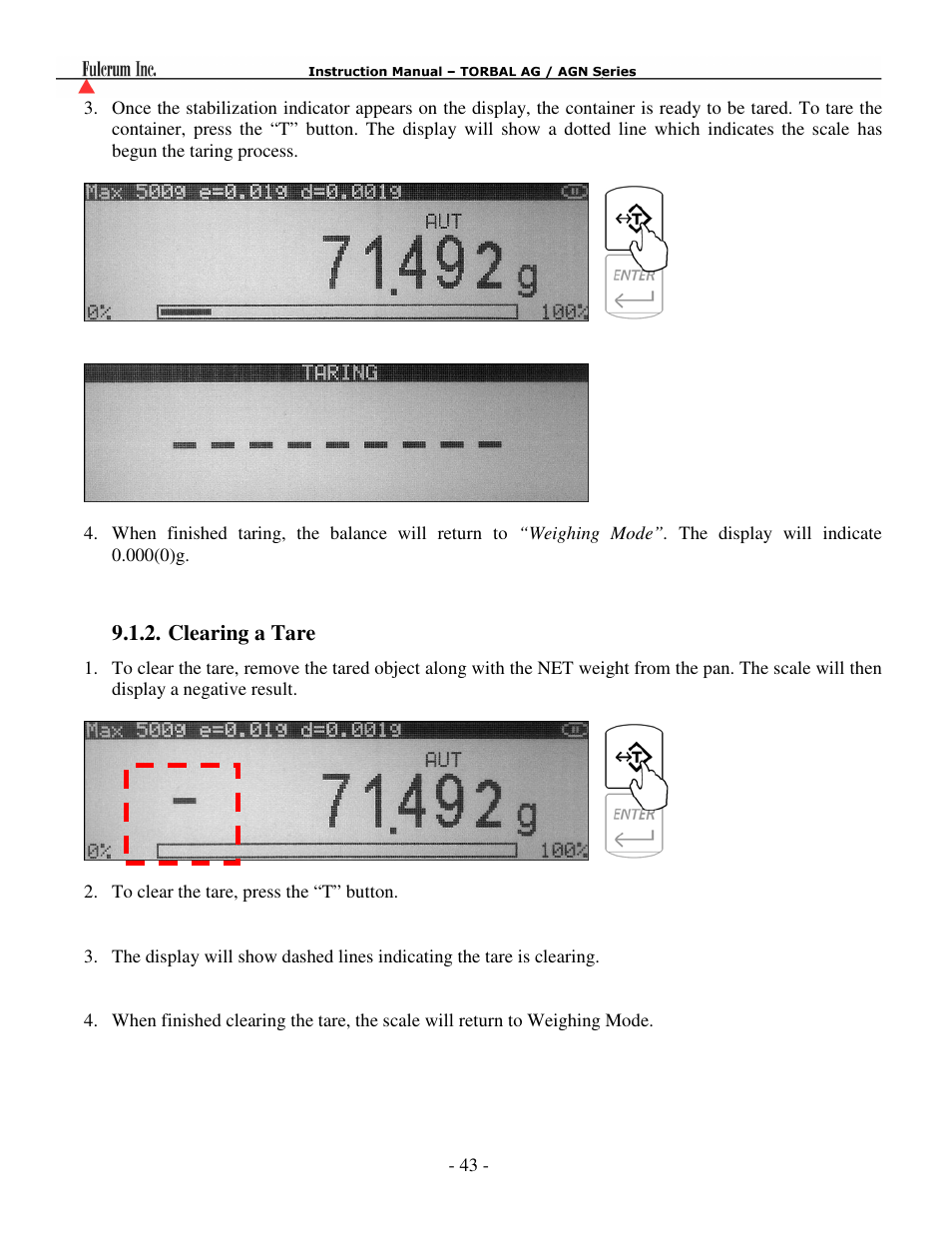 Clearing a tare | Torbal AGN100 User Manual | Page 44 / 73