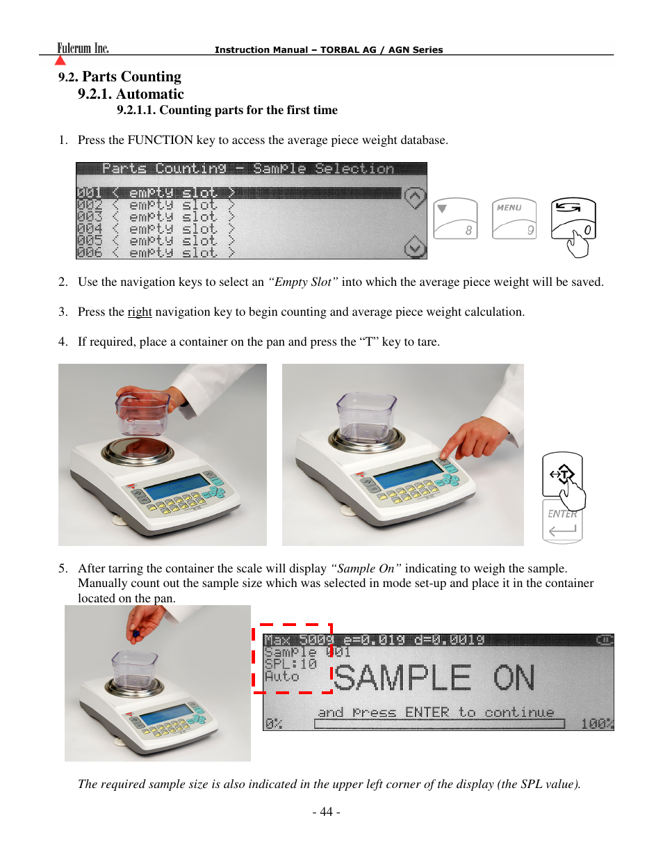 Parts counting, Automatic, Counting parts for the first time | Torbal AGN100 User Manual | Page 45 / 73