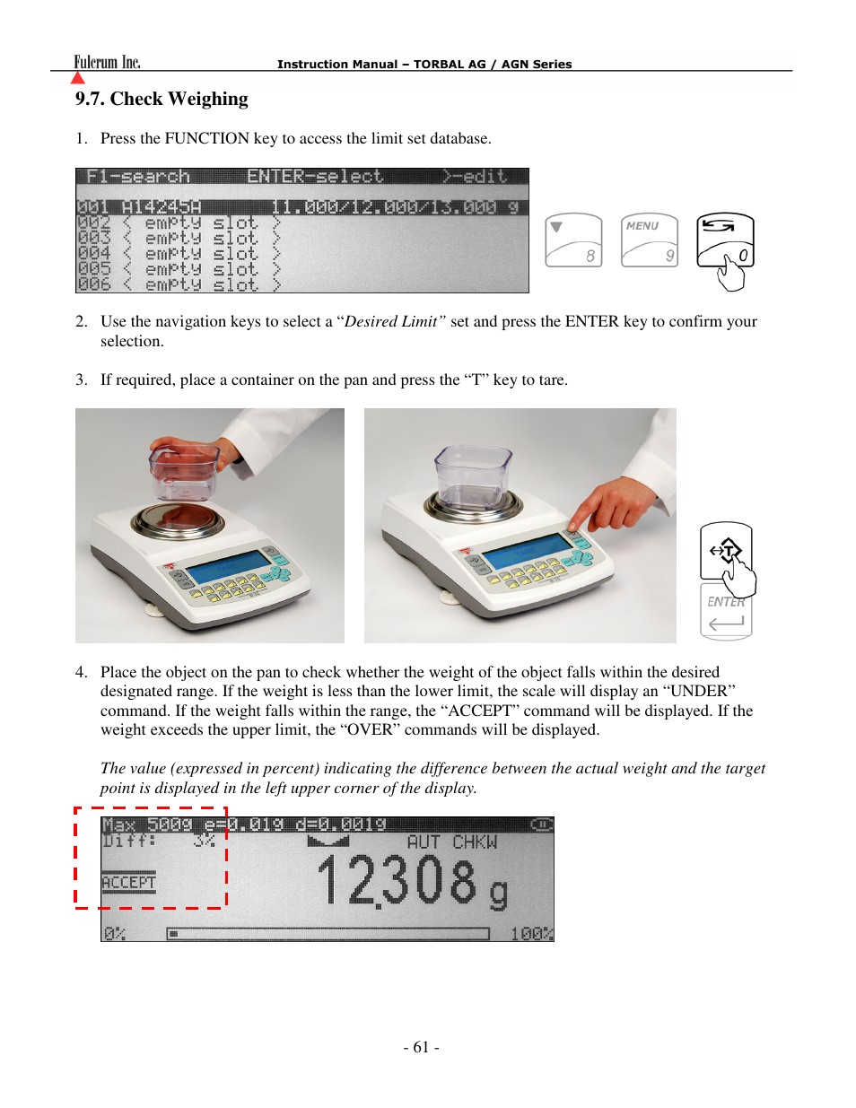 Check weighing…………………………………………………………….…………. 61 | Torbal AGN100 User Manual | Page 62 / 73