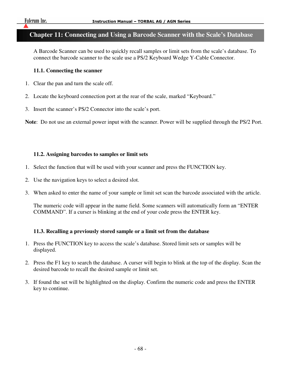 Connecting the scanner, Assigning barcodes to samples or limit sets | Torbal AGN100 User Manual | Page 69 / 73