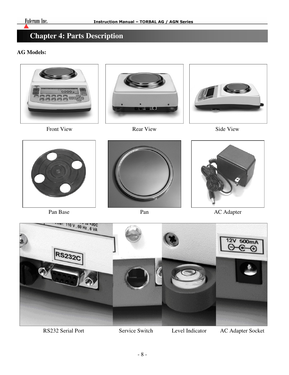 Parts descriptions…………………………………………………..…………………………8, Chapter 4: parts description | Torbal AGN100 User Manual | Page 9 / 73