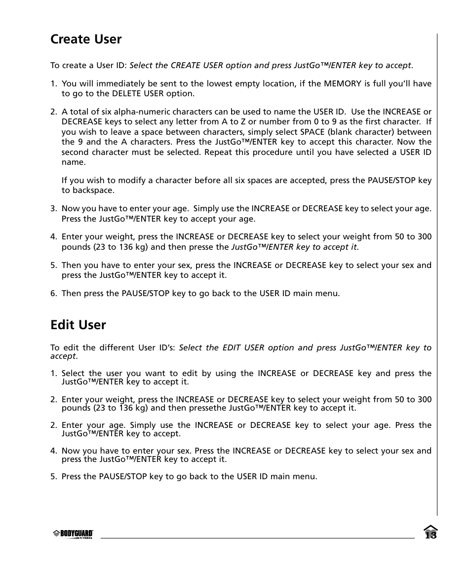 Create user, Edit user | Bodyguard E350 Elliptical User Manual | Page 13 / 36