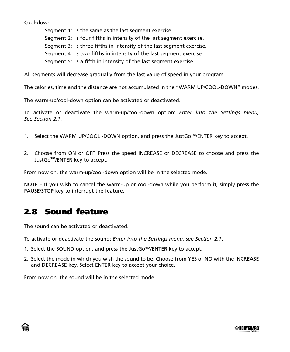 8 sound feature | Bodyguard E350 Elliptical User Manual | Page 16 / 36