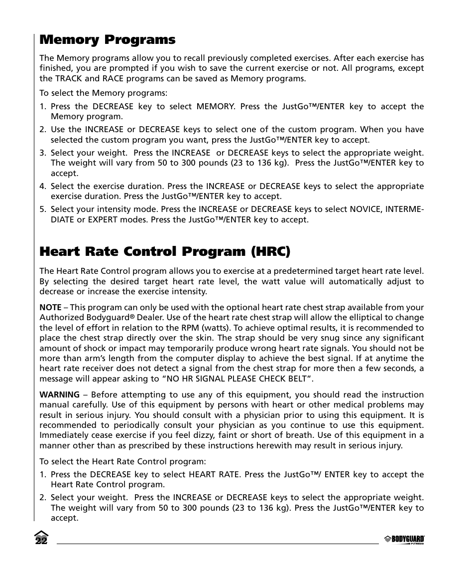 Heart rate control program (hrc) | Bodyguard E350 Elliptical User Manual | Page 22 / 36